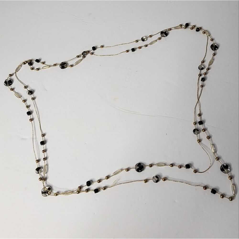 Vintage Gold and Black Fixed Bead Necklace - 37"